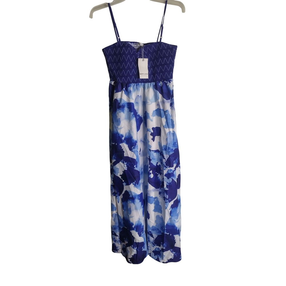 Beryllove Blue White Floral Watercolor Smocked Maxi Dress Adjustable Straps Sz M